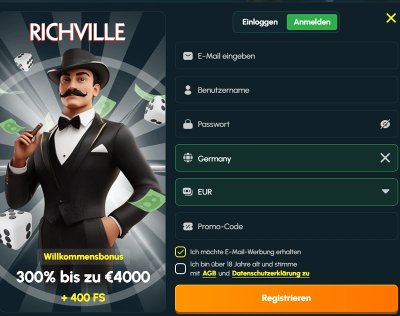 Richville Casino Registration form